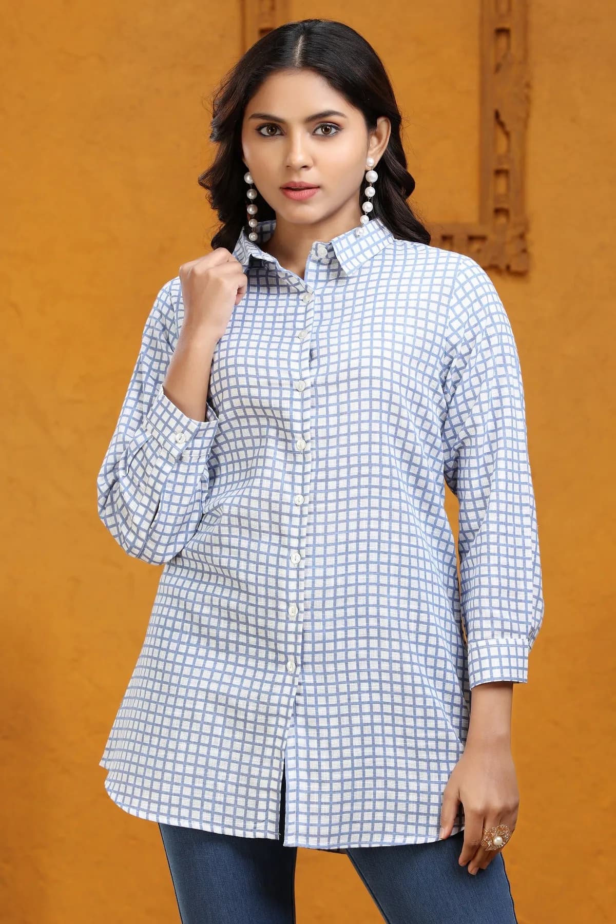 Off White & Blue Printed Jaipuri Cotton Tunic