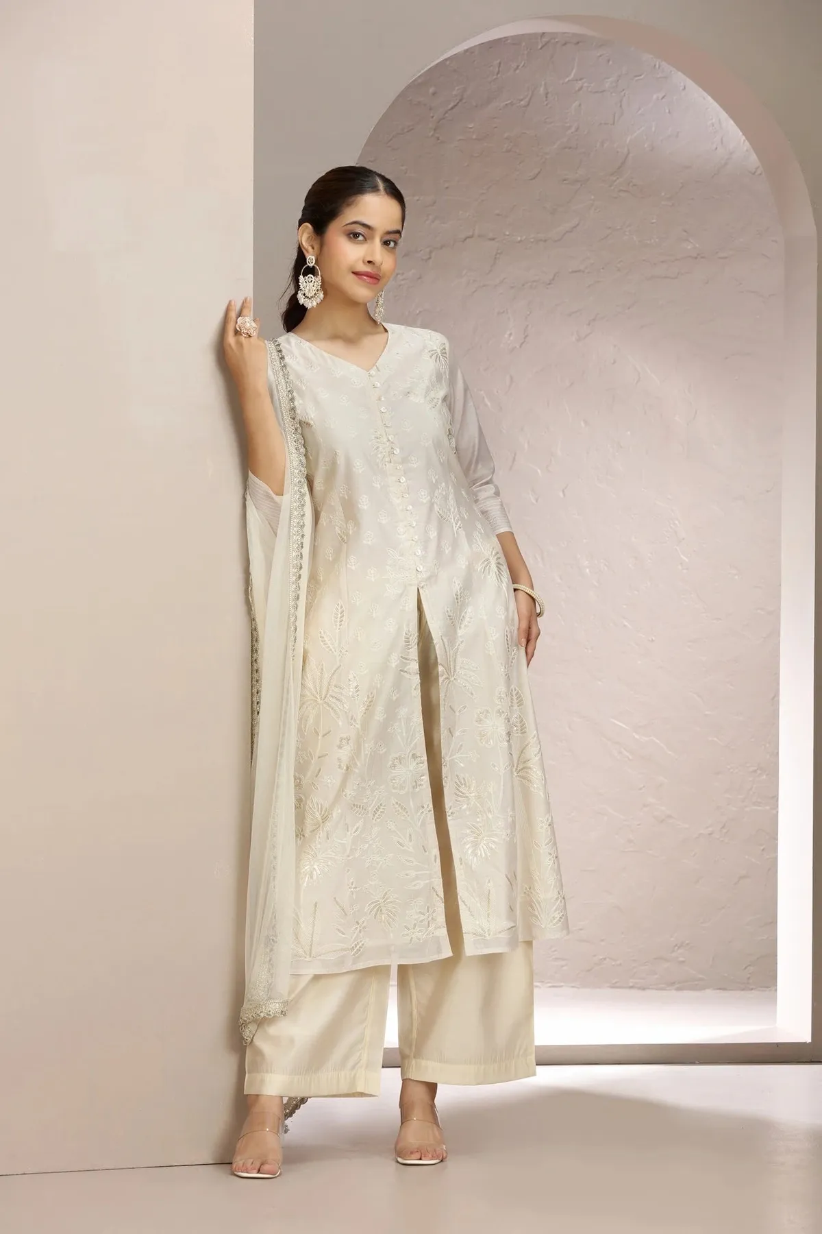 Off White Chanderi Embroidered A Line Kurta Pant & Dupatta Set - Barkha Boutique Kishangarh