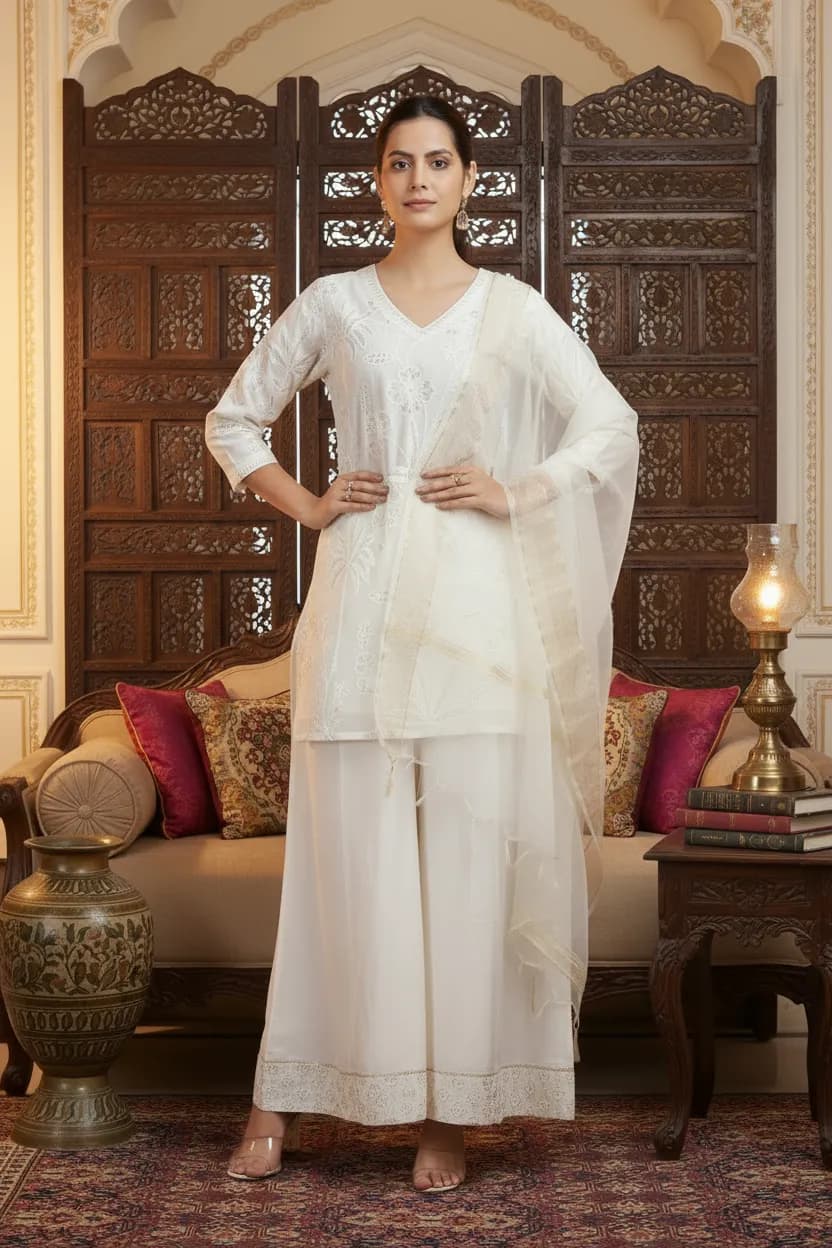 Off White Chanderi Embroidered Straight Kurta Palazzo and Dupatta Suit Set - Barkha Boutique Kishangarh