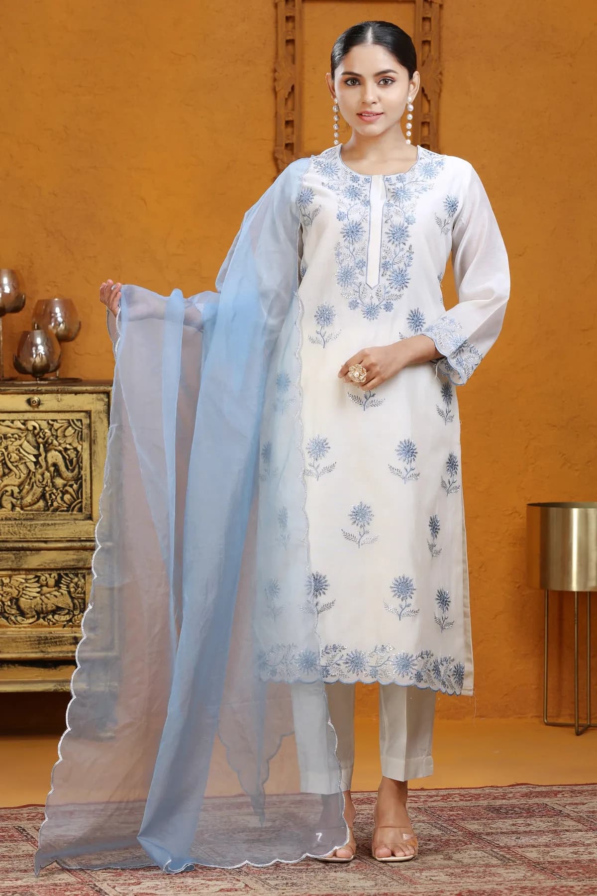 Off White Chanderi Straight Embroidered Kurat Pants and Dupatta Set - Barkha Boutique Kishangarh