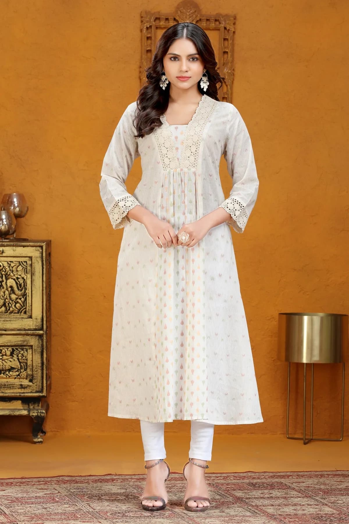 Off White Cotton Jacquard Flared Yarndyed Kurta