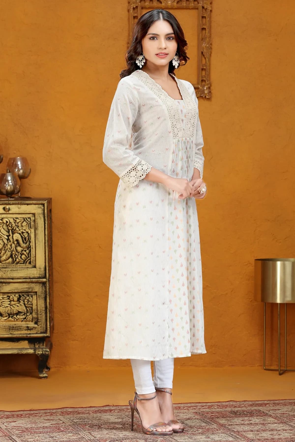 Off White Cotton Jacquard Flared Yarndyed Kurta