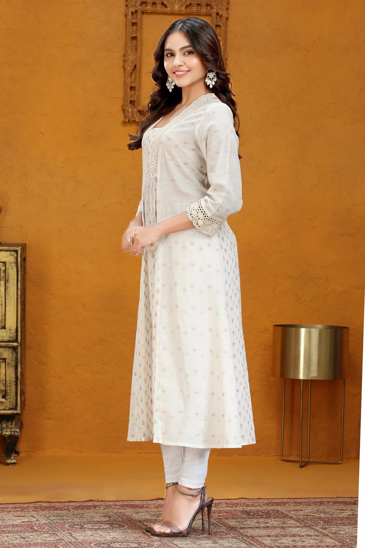 Off White Cotton Jacquard Flared Yarndyed Kurta