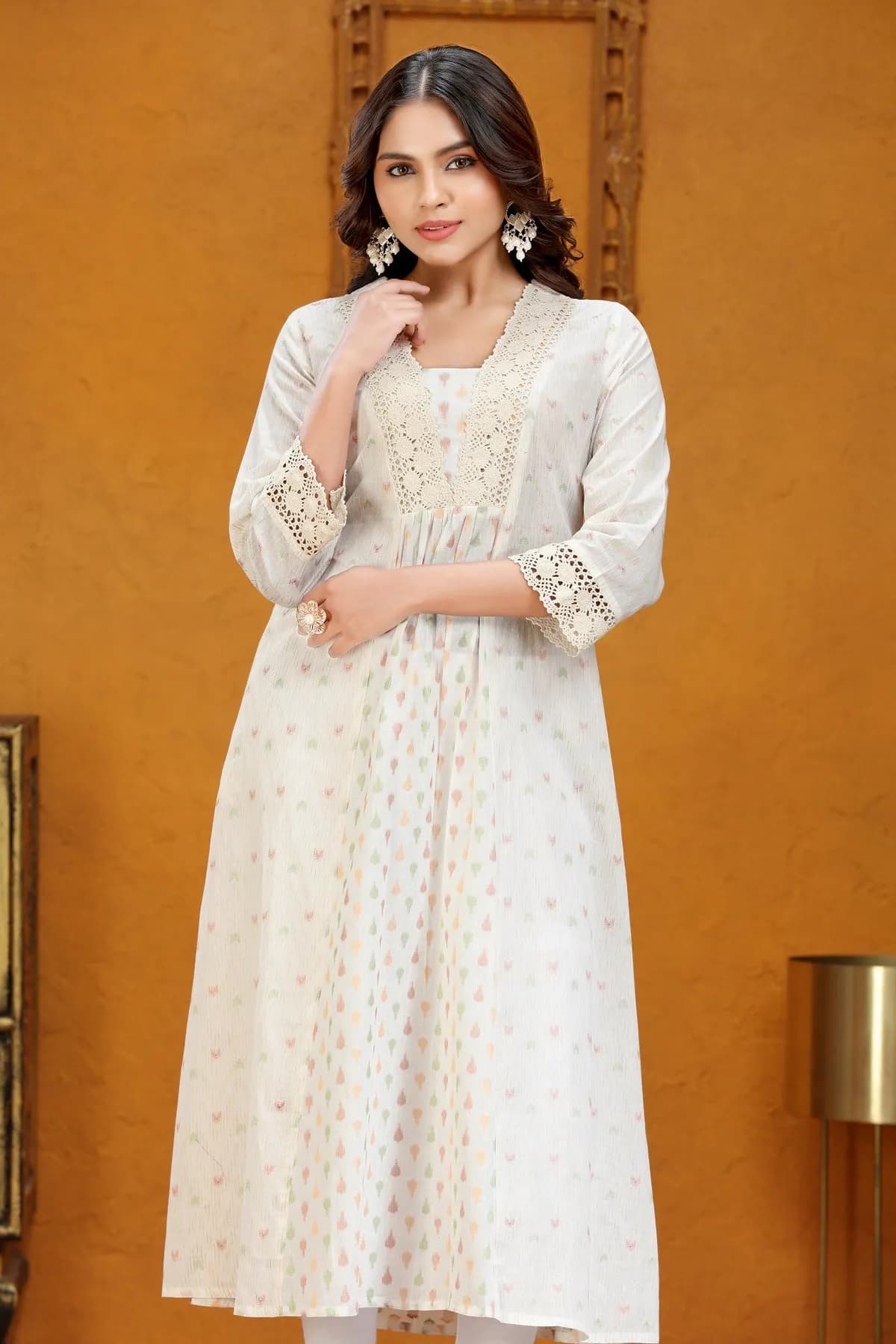 Off White Cotton Jacquard Flared Yarndyed Kurta