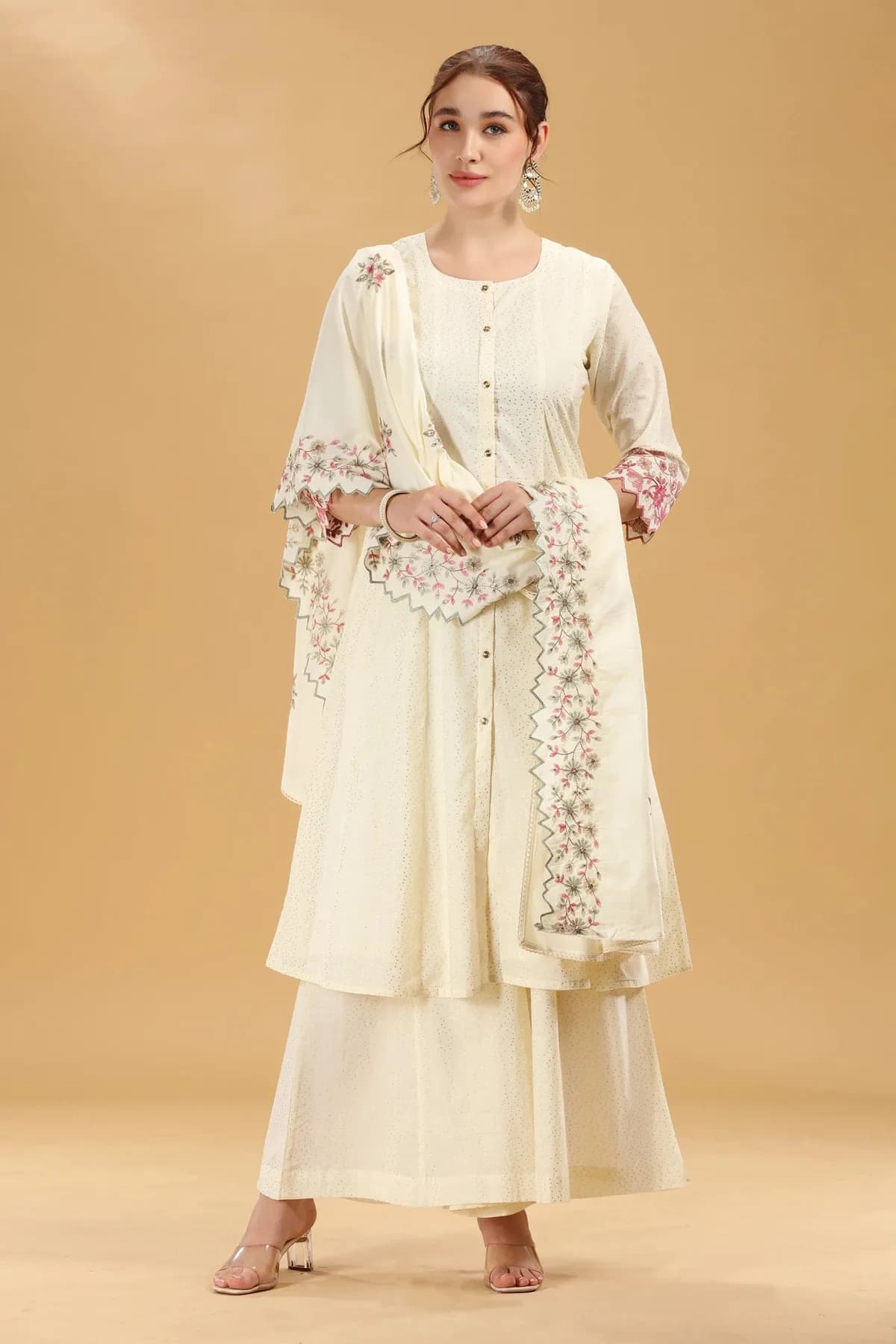 Off White Embroidered Cambric Cotton A Line Kurta Palazzo And Dupatta Suit Set - Barkha Boutique Kishangarh