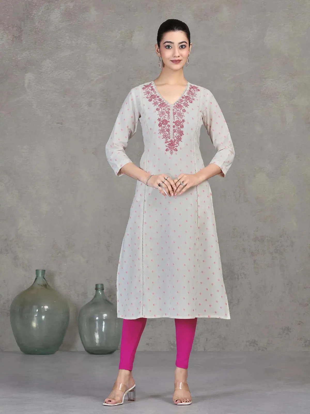 Off White Embroidered Cotton Straight Kurta - Barkha Boutique Kishangarh