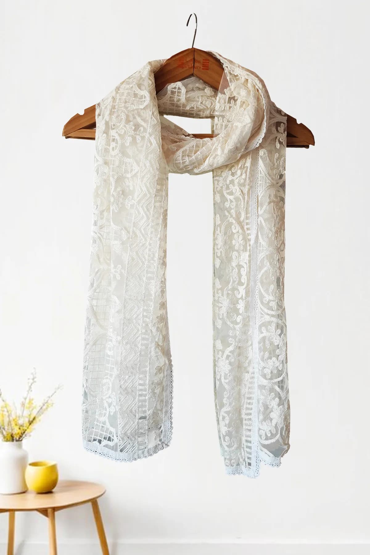Off White Embroidered Net Dupatta - Barkha Boutique Kishangarh