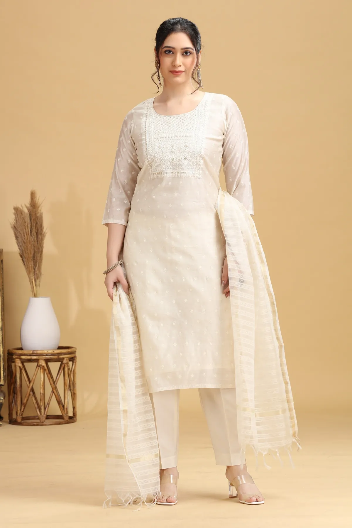 Off White Embroidered Straight Ethnic Set - Barkha Boutique Kishangarh