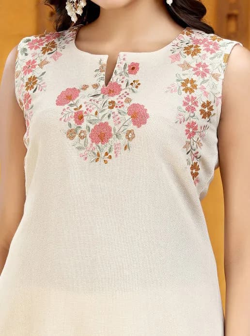 Off White Flax Cotton A Line Embroidered Sleeveless Kurta