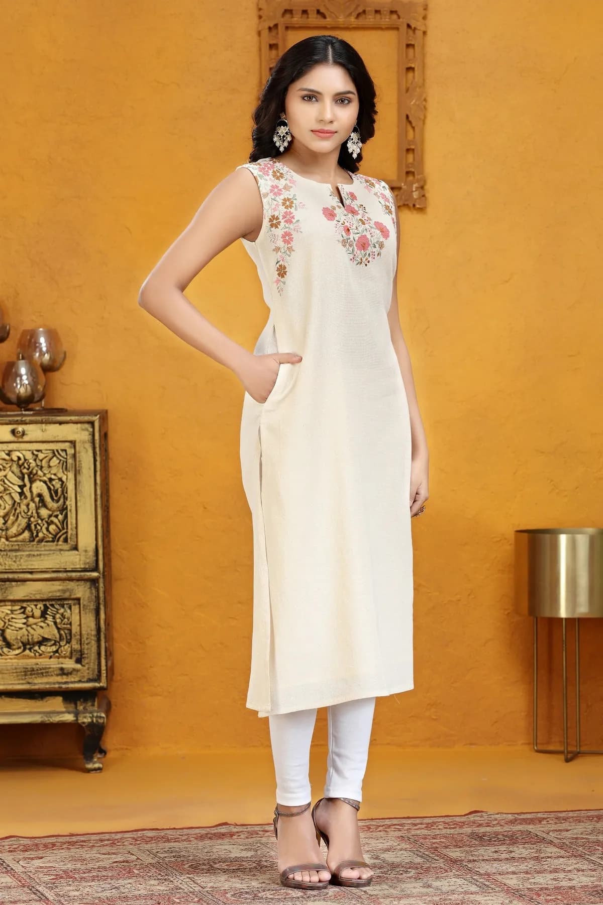 Off White Flax Cotton A Line Embroidered Sleeveless Kurta