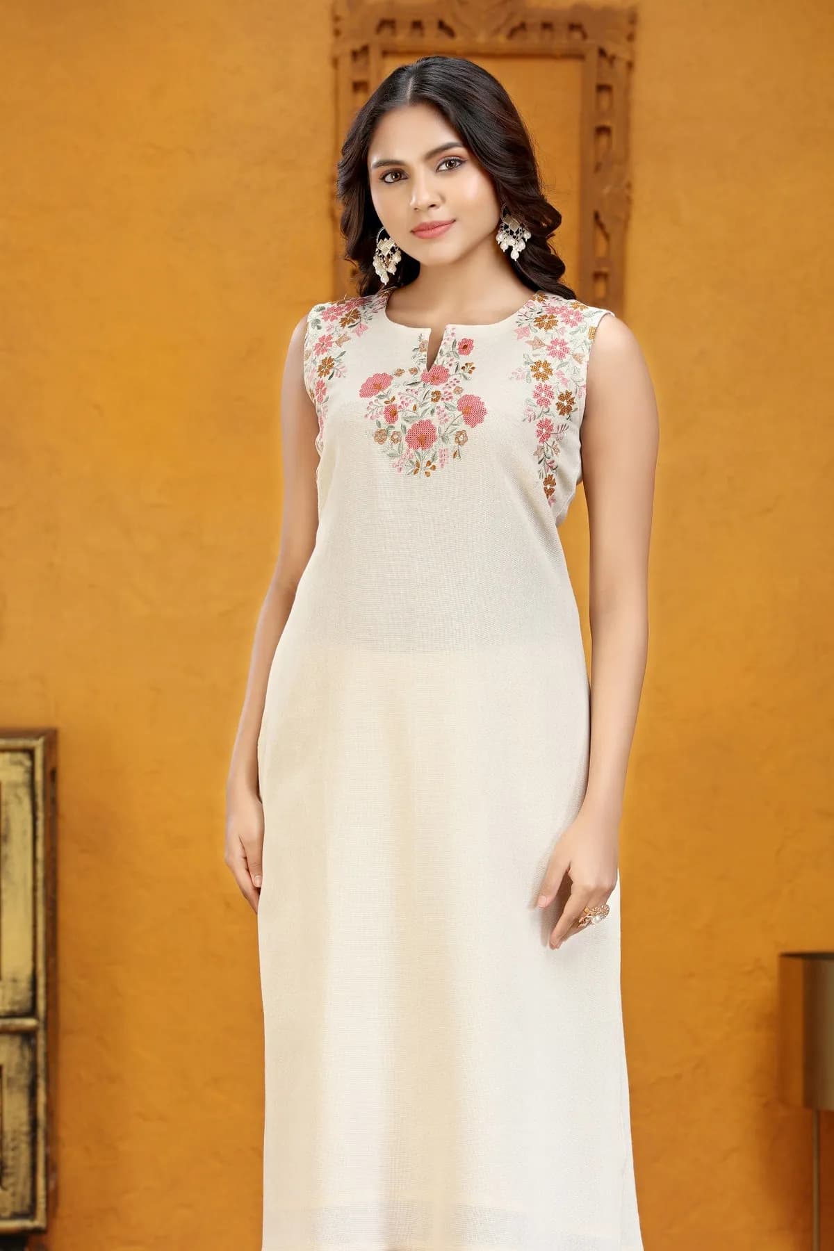 Off White Flax Cotton A Line Embroidered Sleeveless Kurta