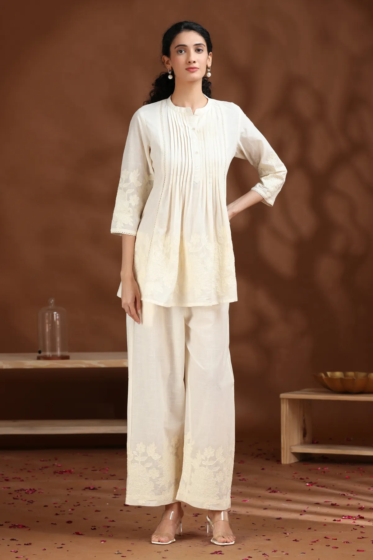 Off White Floral Embroidered A-Line Cotton Co-ord Set - Barkha Boutique Kishangarh