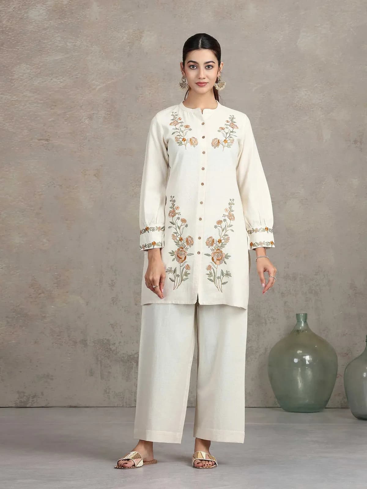 Off White Floral Embroidered Straight Co-ord Set - Barkha Boutique Kishangarh