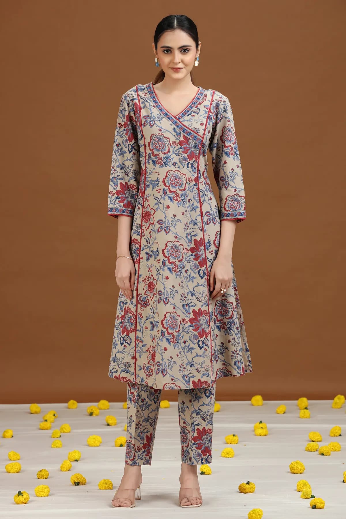 Off White Floral Printed A-Line Cotton Co-ord Set - Barkha Boutique Kishangarh