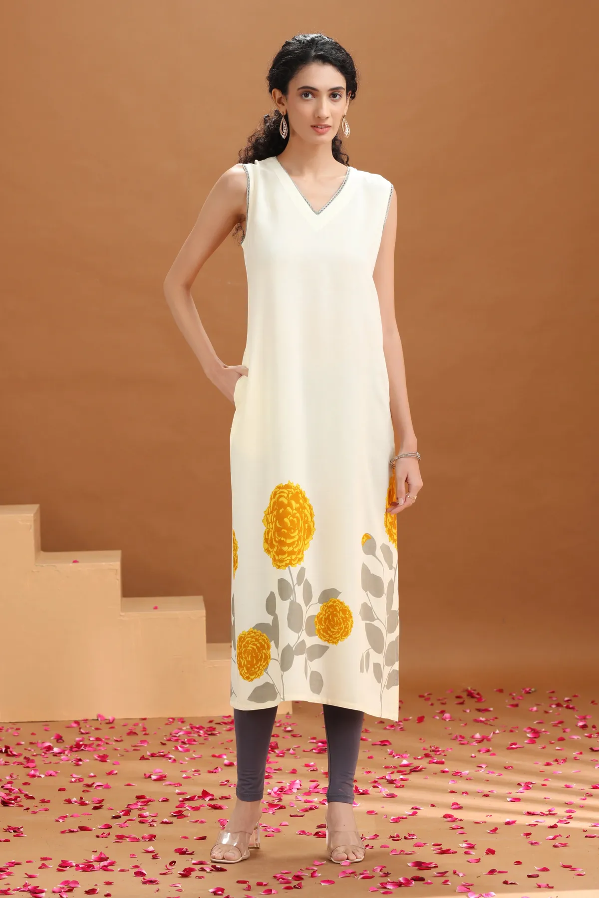 Off White Floral Printed A Line Kurta - Barkha Boutique Kishangarh