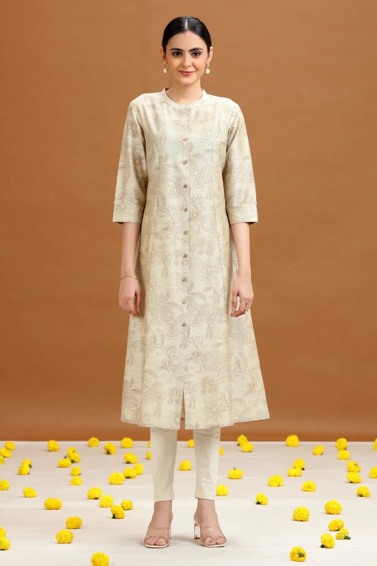 Off White Floral Printed A-Line Kurta - Barkha Boutique Kishangarh