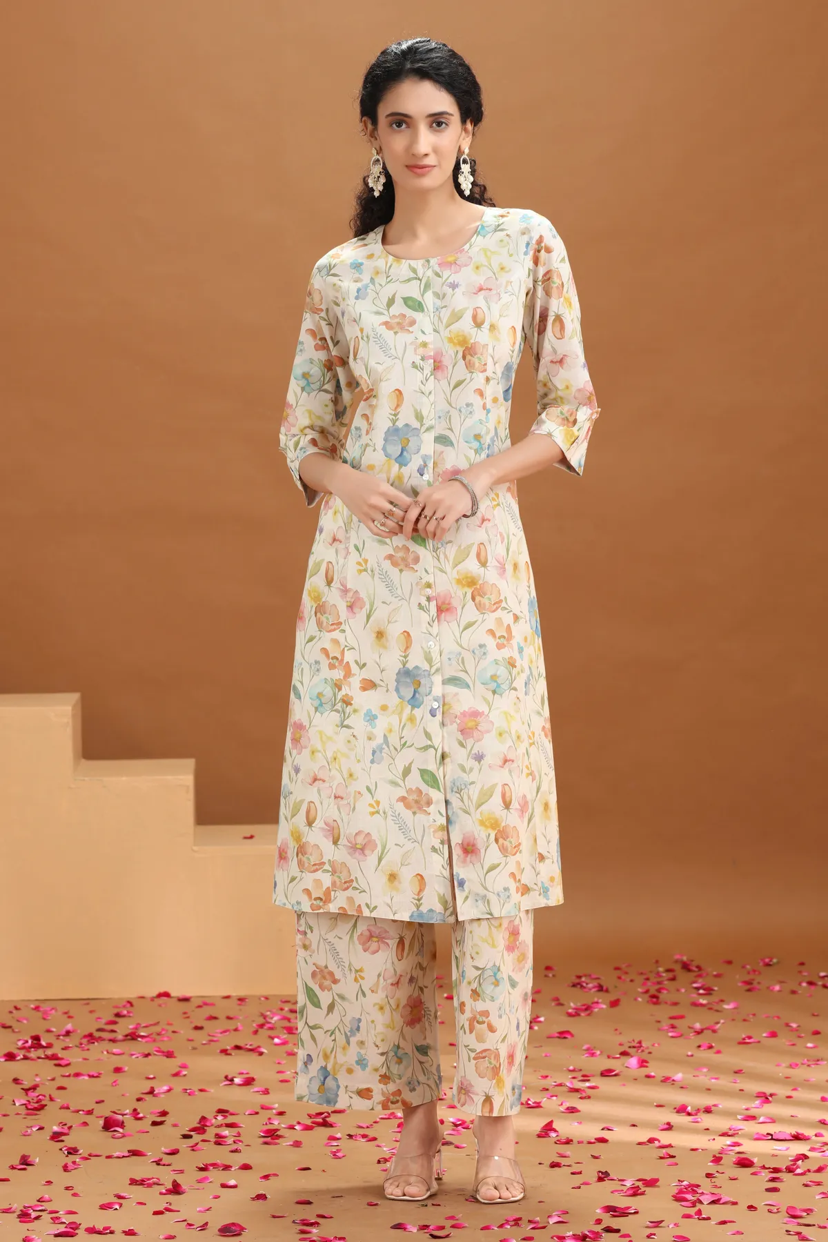 Off White Floral Printed Cotton A-Line Co-ord Set - Barkha Boutique Kishangarh