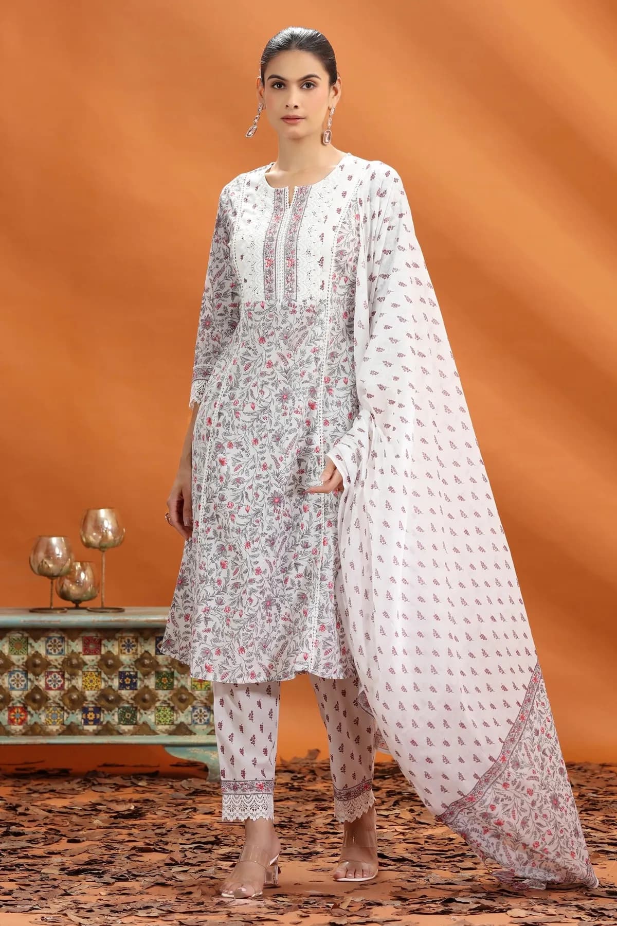 Off White & Grey Jaipuri Cotton Straight Printed Kurta Pant and Dupatta Set - Barkha Boutique Kishangarh