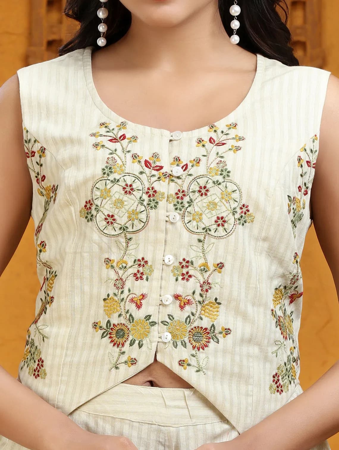 Off White Handloom Embroidered Waistcoat Style Kurta Pant Co ord Set