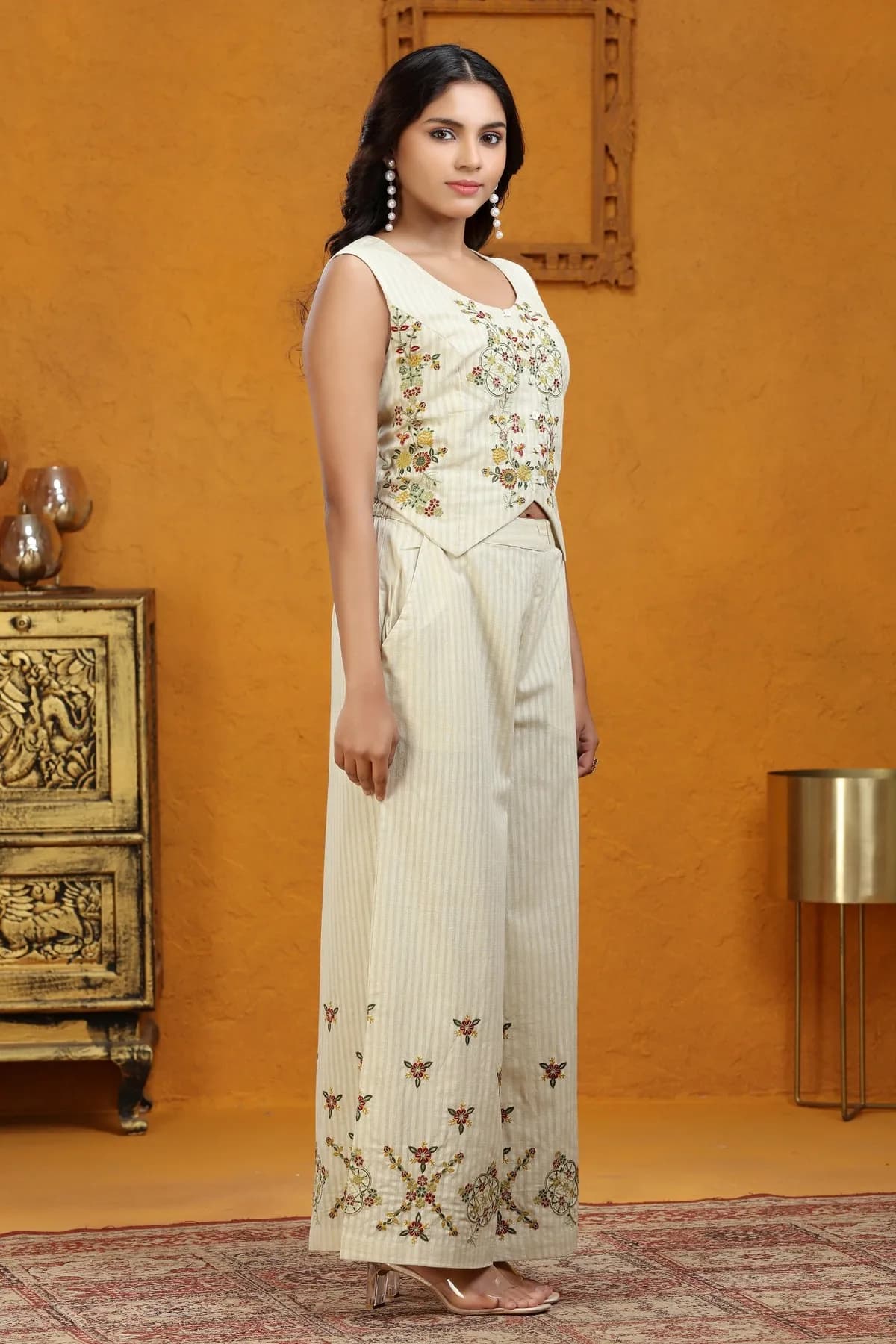 Off White Handloom Embroidered Waistcoat Style Kurta Pant Co ord Set