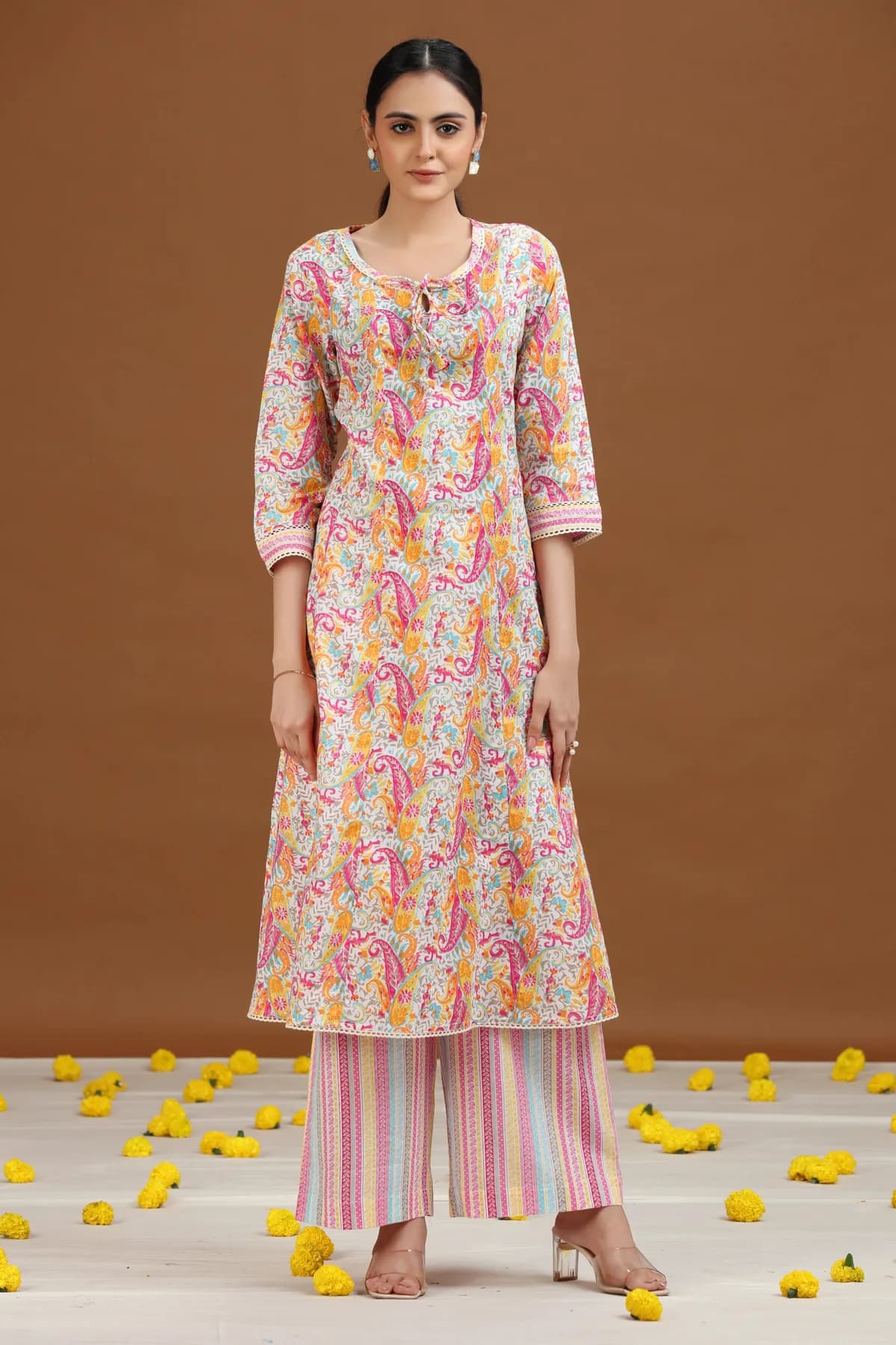 Off White Paisley Design Straight Co-ord Set - Barkha Boutique Kishangarh