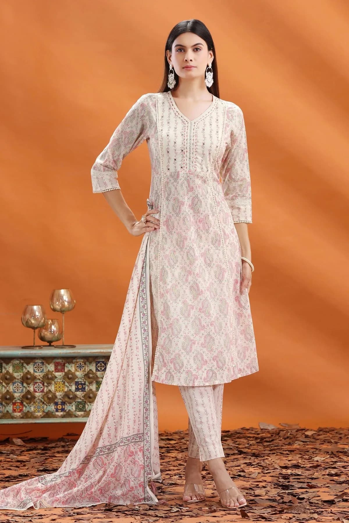 Off White & Peach Jaipuri Cotton A Line Printed Kurta Pants and Dupatta Set - Barkha Boutique Kishangarh