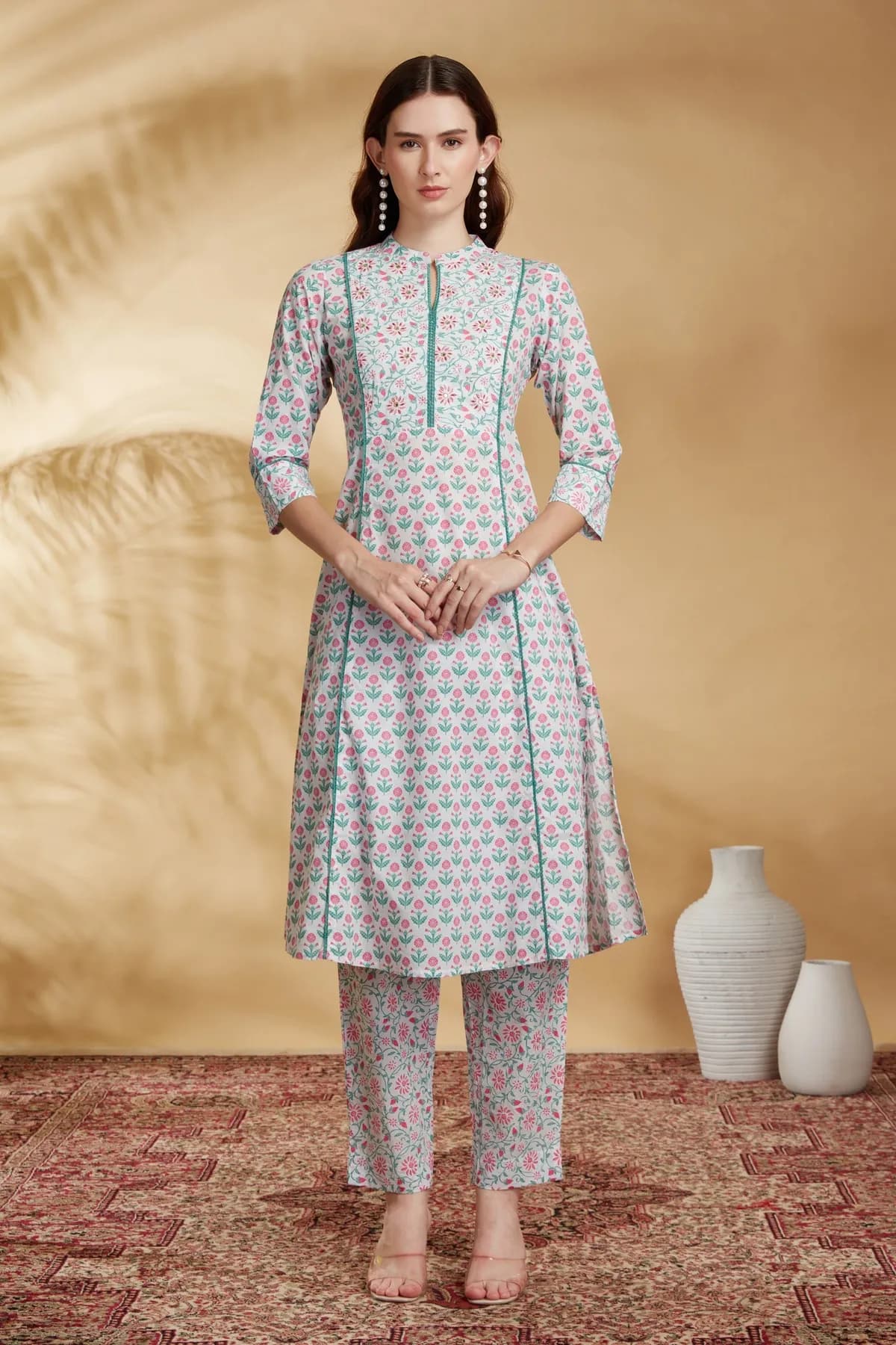 Off White Printed A-Line Cotton Co-ord Set - Barkha Boutique Kishangarh