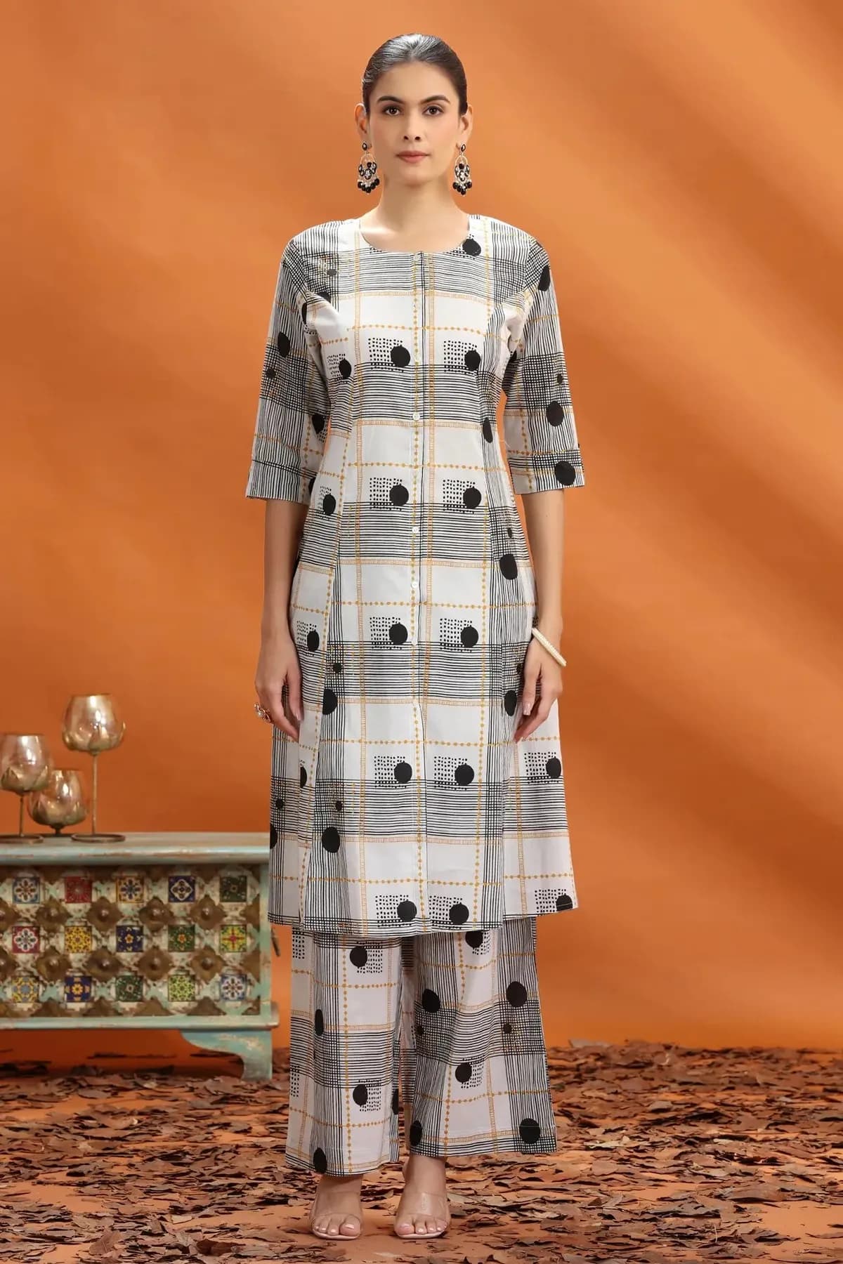 Off White Printed Cotton A Line Co-ord Set - Barkha Boutique Kishangarh