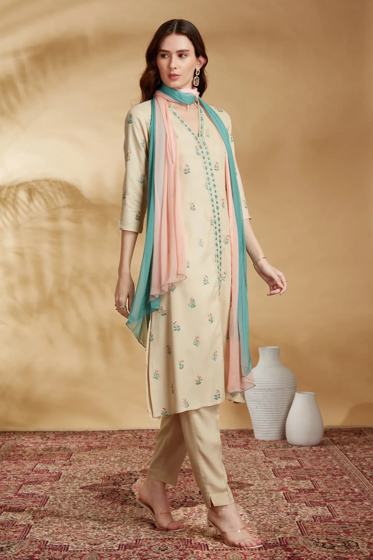 Off White Rayon Embroidered Straight Kurta Pant and Dupatta Suit Set - Barkha Boutique Kishangarh
