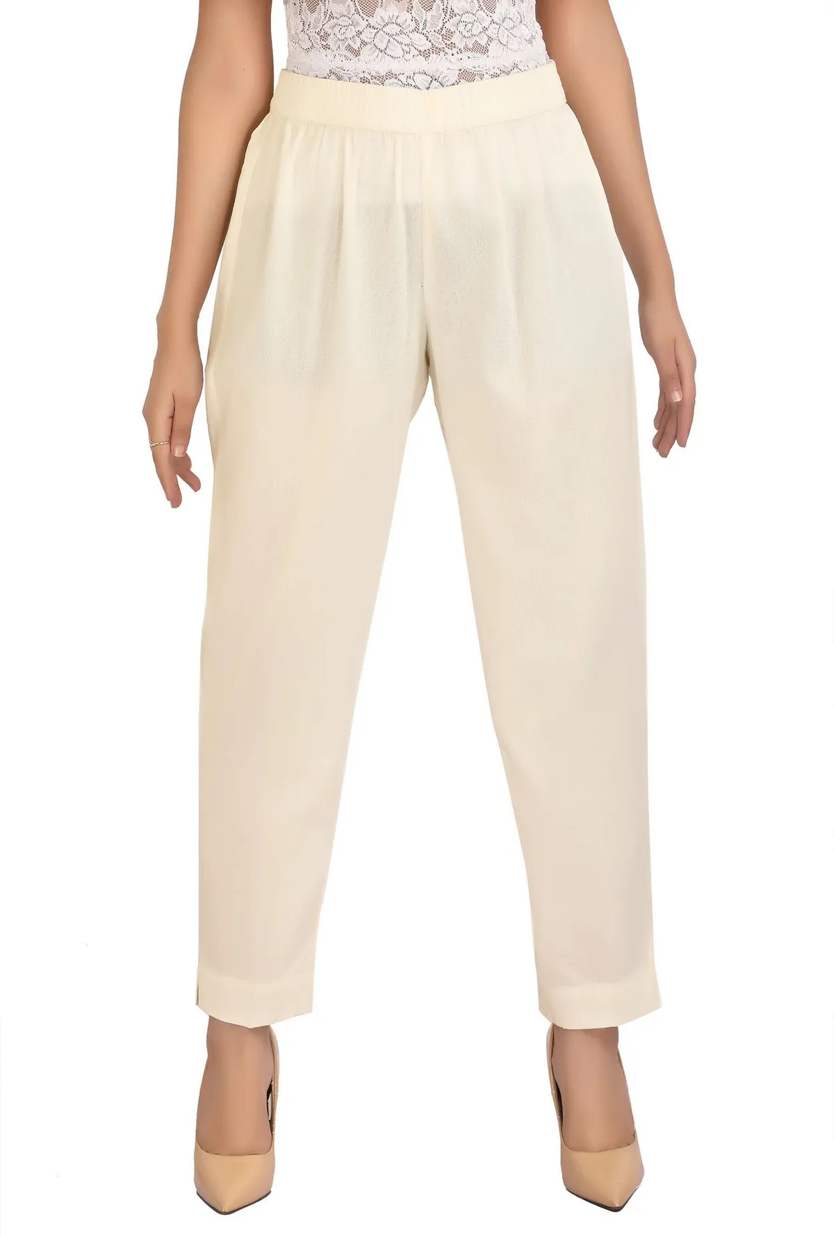 Off White Solid Cotton Pant - Barkha Boutique Kishangarh