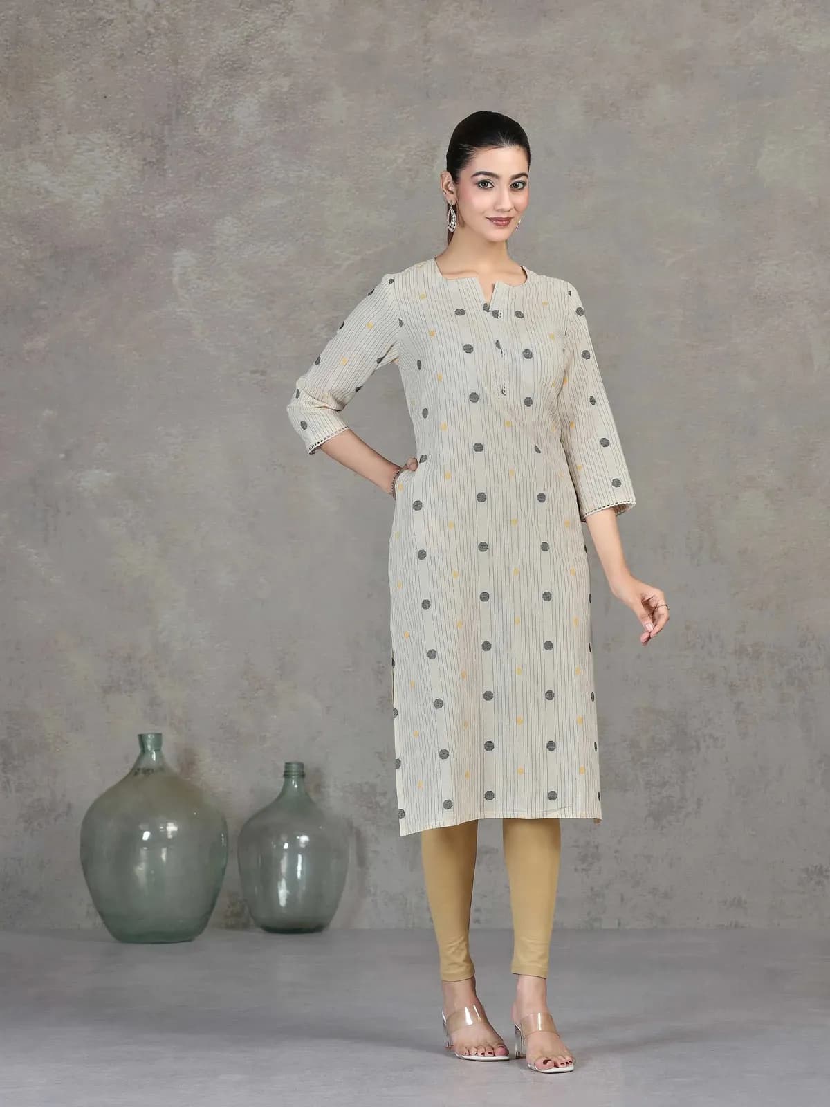 Off White Striped Cotton Straight Kurta - Barkha Boutique Kishangarh