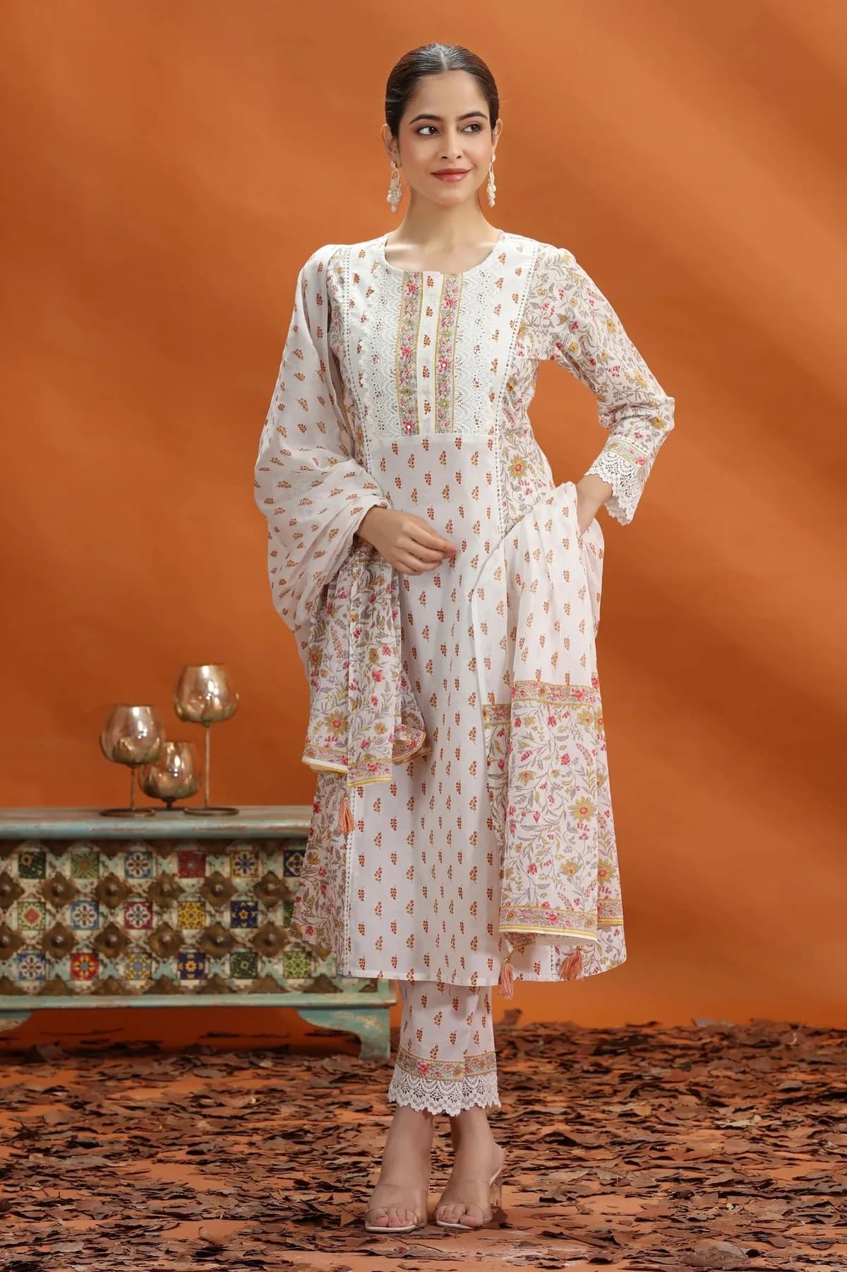 Off White & Yellow Jaipuri Cotton Straight Printed Kurta Pant and Dupatta Set - Barkha Boutique Kishangarh