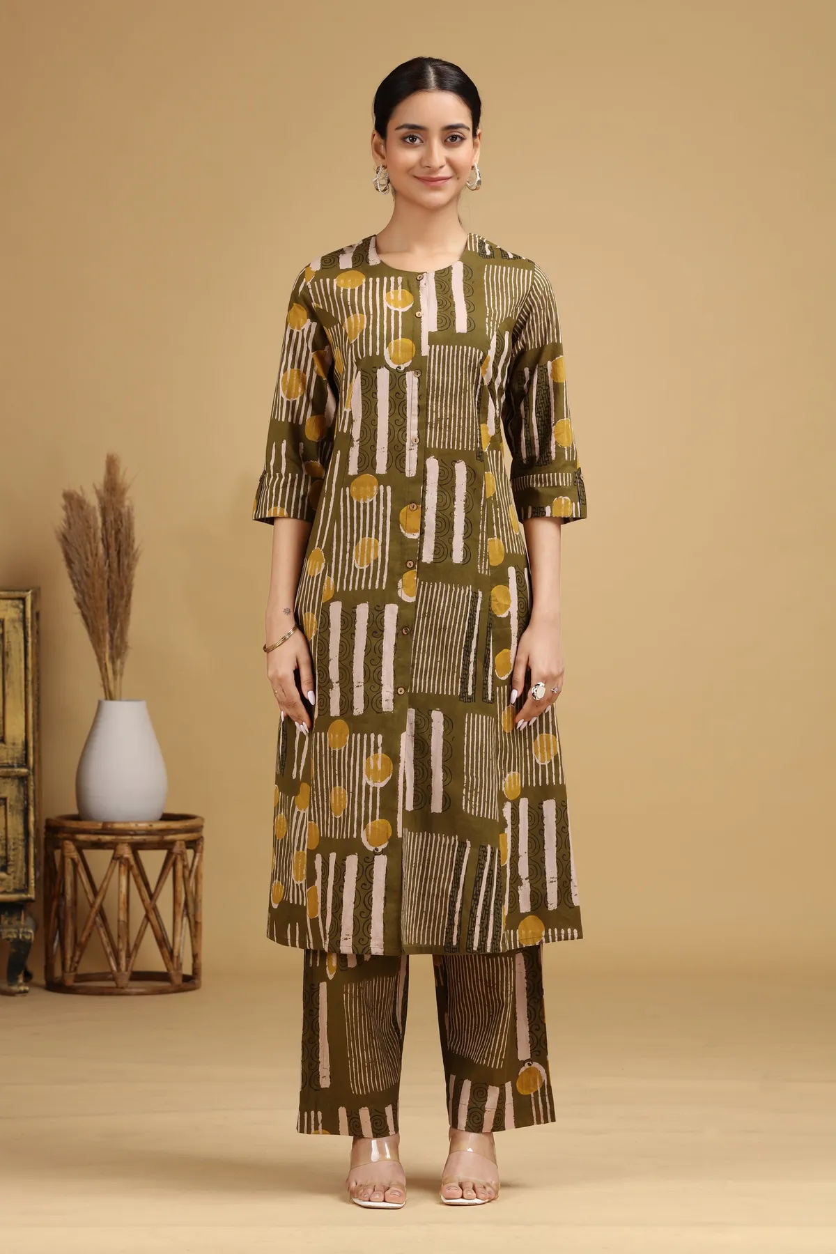 Olive Abstract Printed Straight Co-ord Set - Barkha Boutique Kishangarh