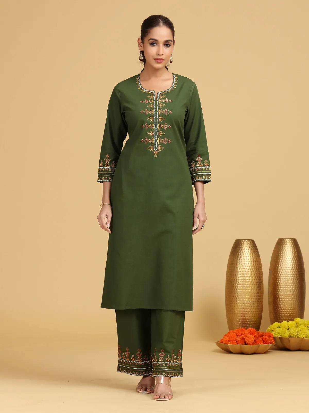 Olive Embroidered Cotton Straight Co-ord Set - Barkha Boutique Kishangarh