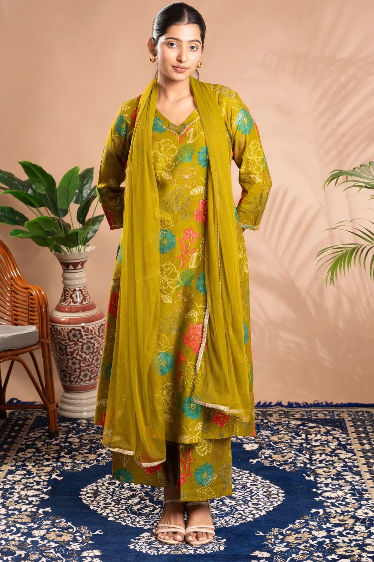 Olive Floral Printed A-Line Ethnic Set - Barkha Boutique Kishangarh