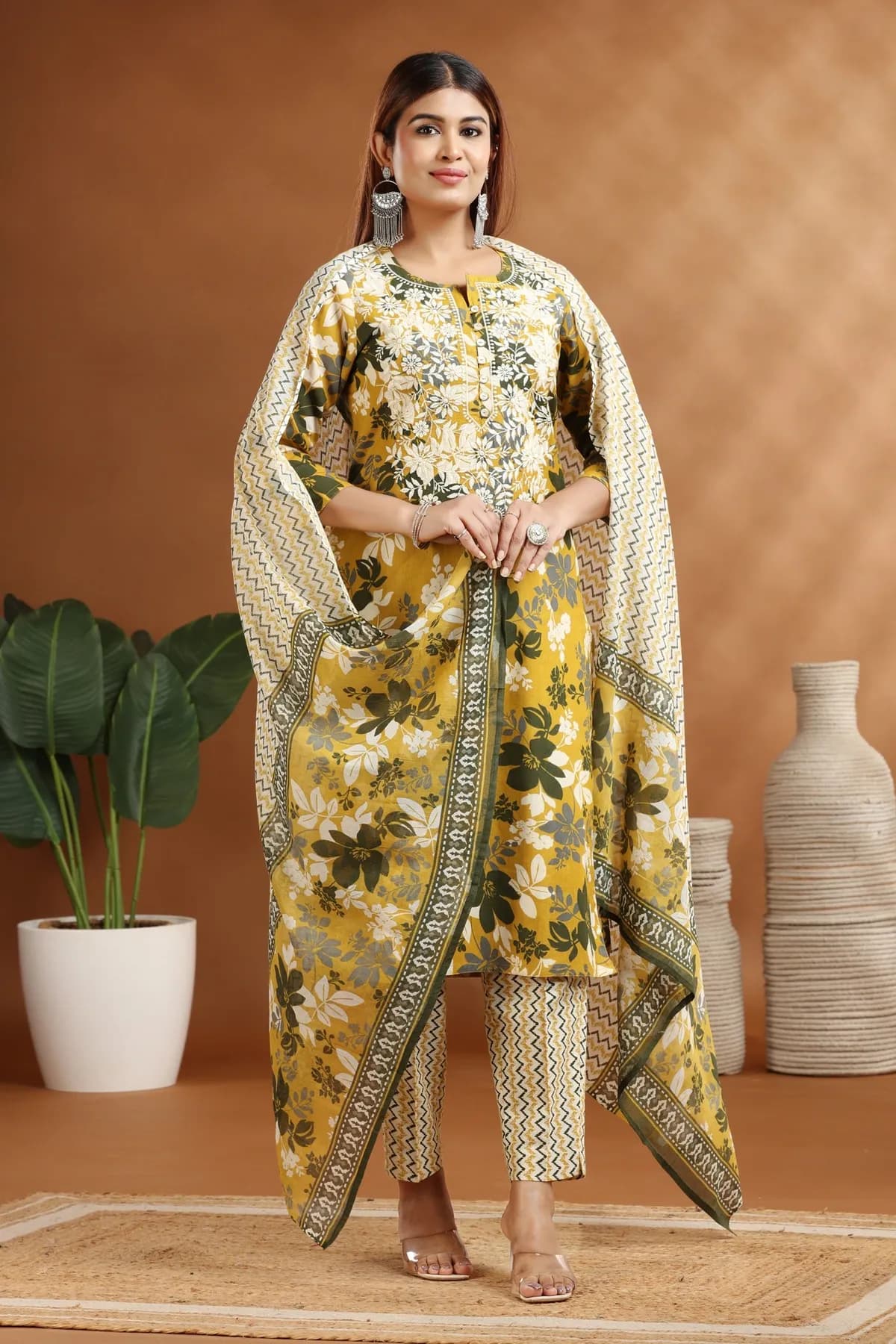 Olive Green Flax Cotton Straight Embroidered Kurta Pants and Dupatta Set - Barkha Boutique Kishangarh