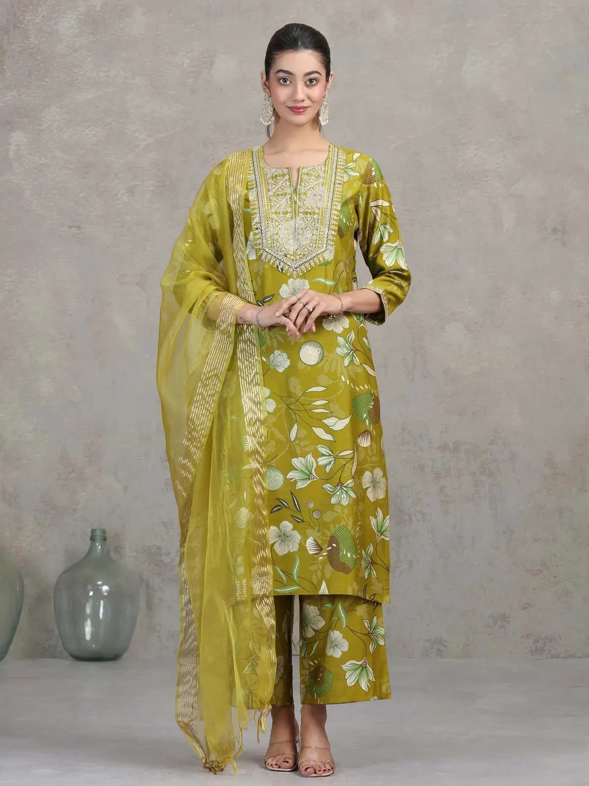 Olive Green Floral Embroidered Straight Ethnic Set - Barkha Boutique Kishangarh