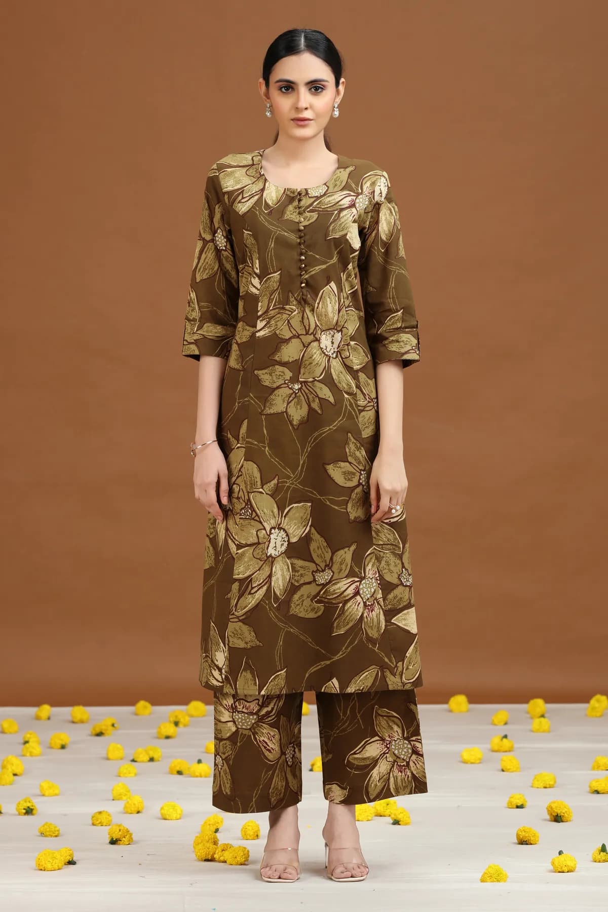 Olive Green Floral Printed Cotton A Line Co-ord Set - Barkha Boutique Kishangarh