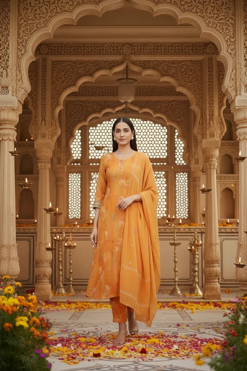 Orange Chinnon Embroidered Straight Kurta Pant and Dupatta Suit Set - Barkha Boutique Kishangarh