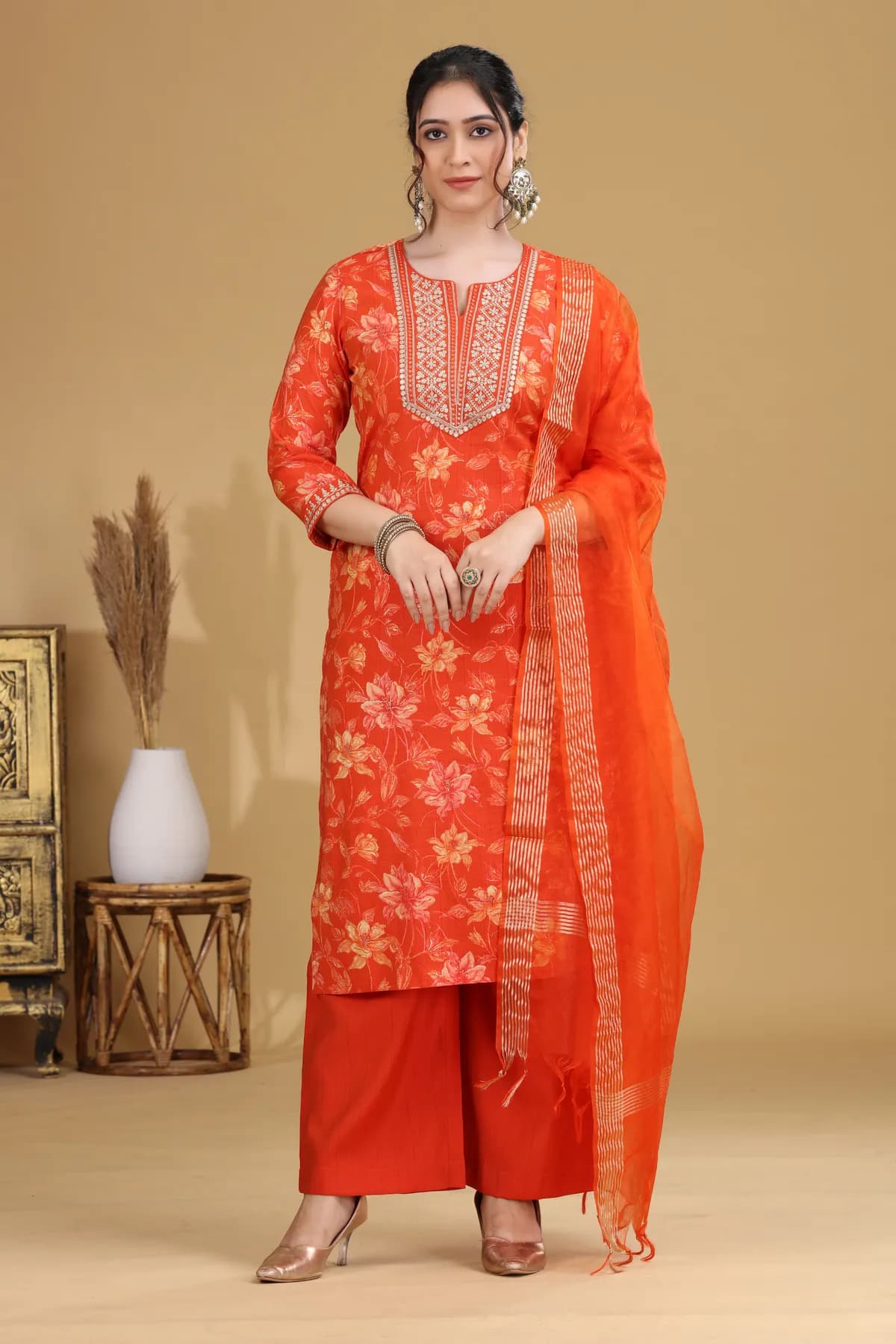 Orange Floral Embroidered Straight Ethnic Set - Barkha Boutique Kishangarh