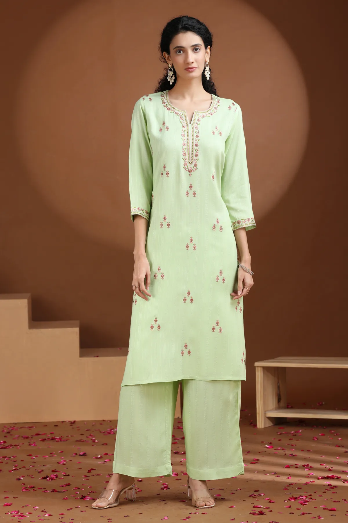 Pastel Green Embroidered Straight Cotton Co-ord Set - Barkha Boutique Kishangarh