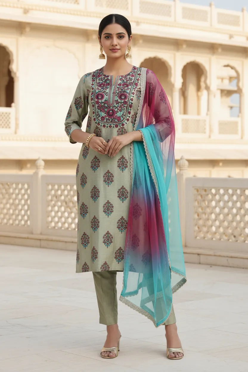 Pastel Green Embroidered Straight Ethnic Set - Barkha Boutique Kishangarh