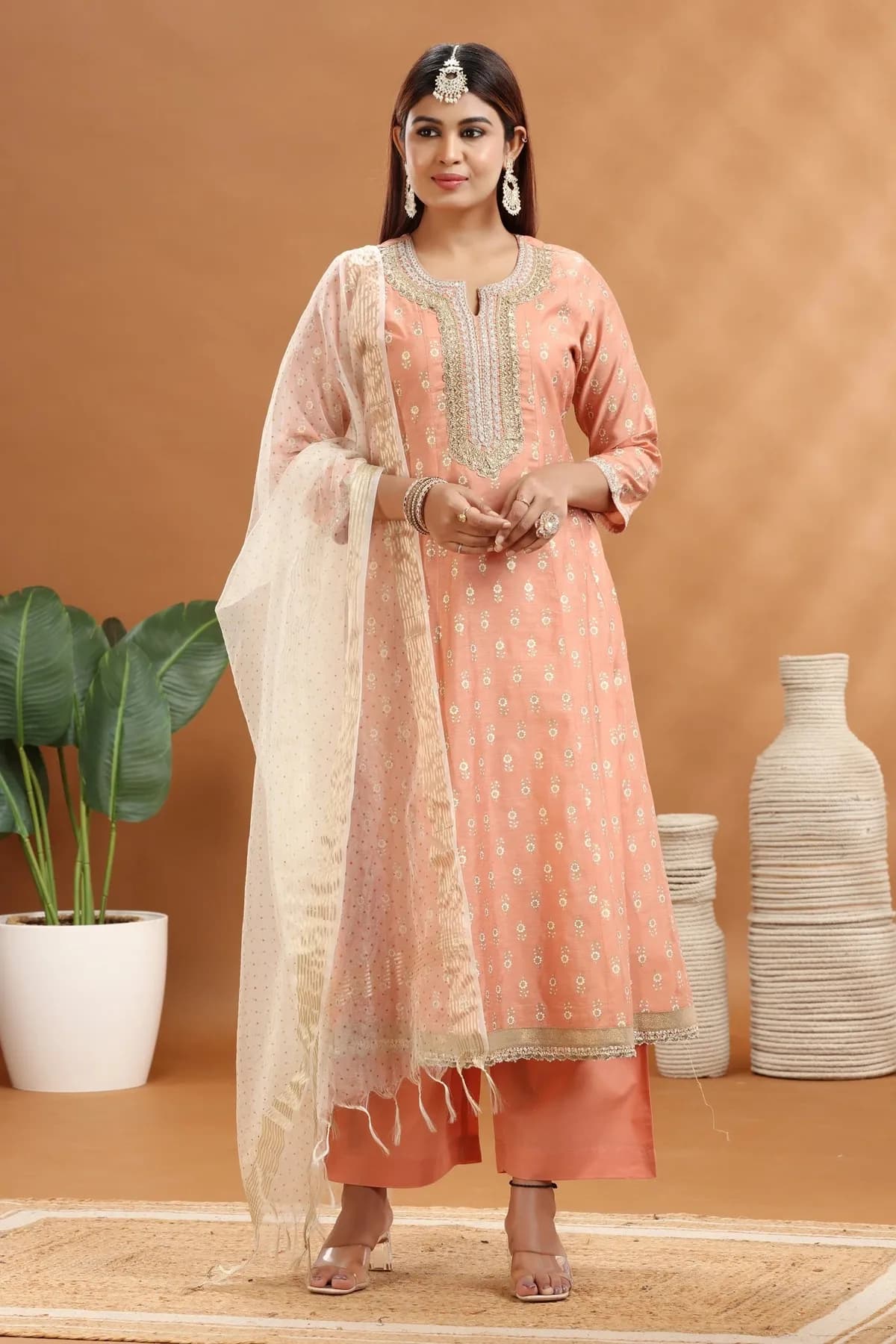Pastel Peach Chanderi A Line Embroidered Kurta Palazzo and Dupatta Set - Barkha Boutique Kishangarh
