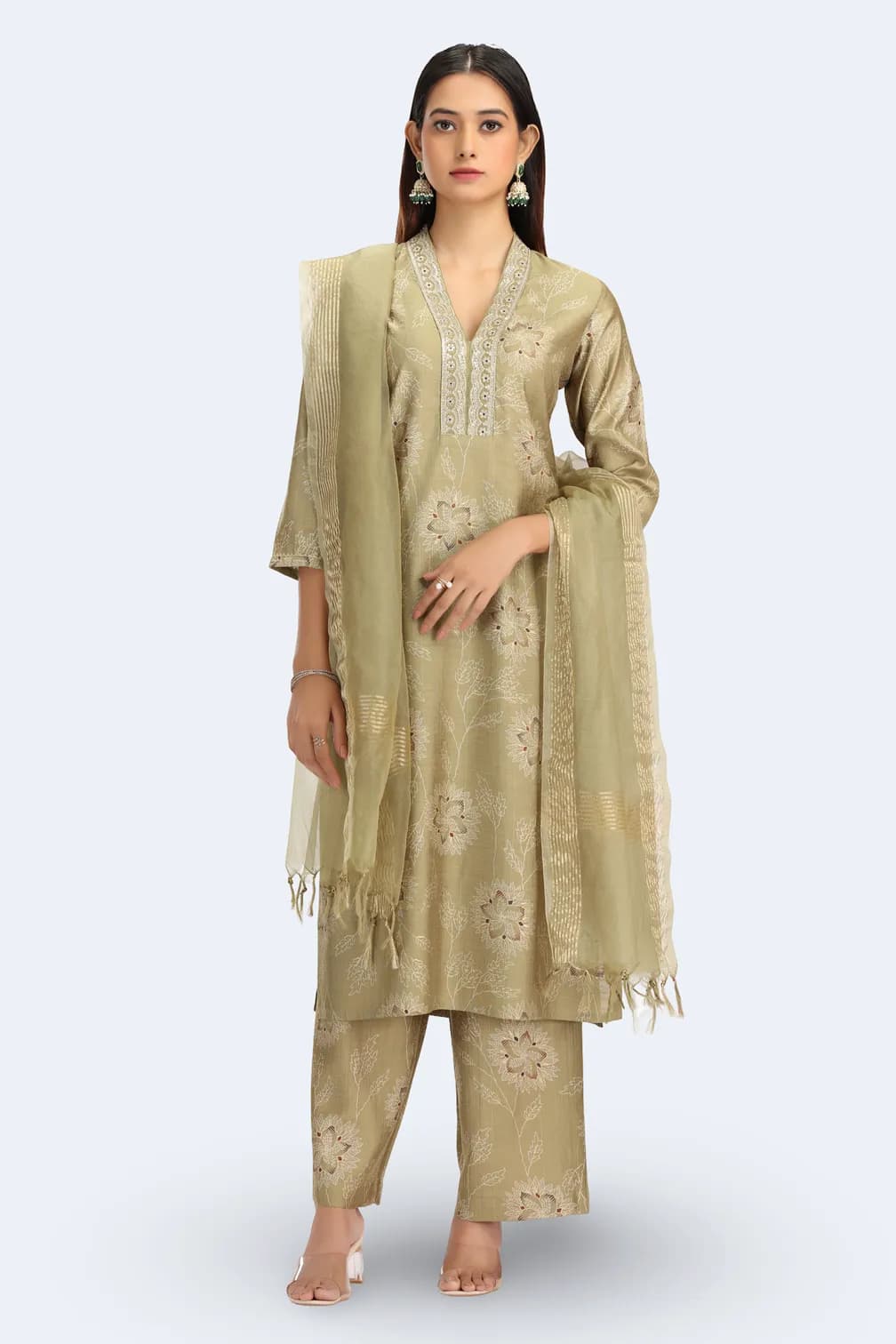 Pastel Pistachio Viscose Embroidered Straight Kurta Pant and Dupatta Suit Set - Barkha Boutique Kishangarh
