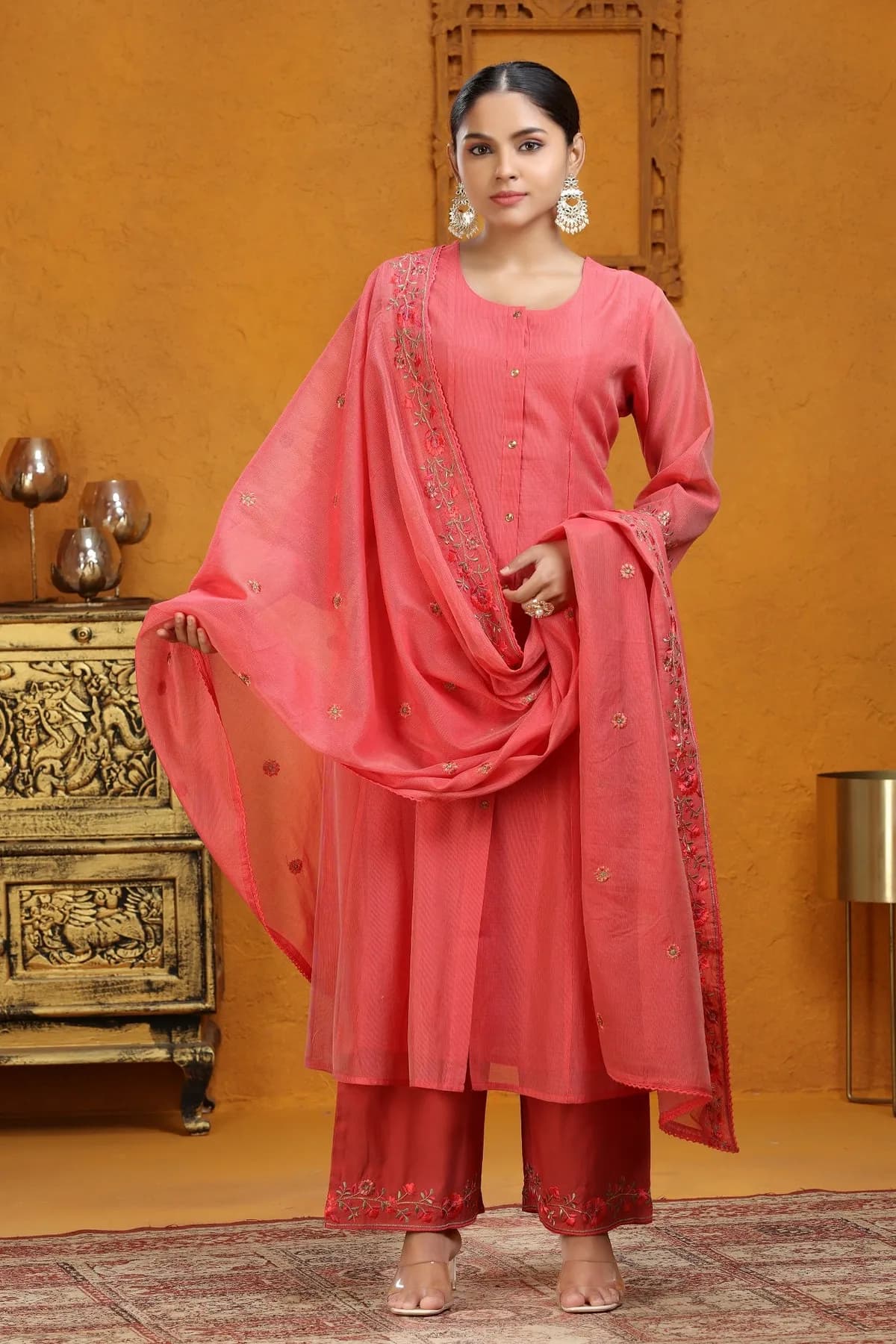 Peach Chanderi A Line Embroidered Kurta Pant and Dupatta Suit Set - Barkha Boutique Kishangarh