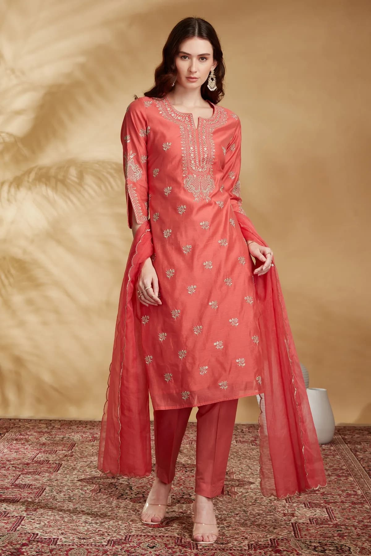 Peach Chanderi Embroidered Straight Kurta Pant and Dupatta Suit Set - Barkha Boutique Kishangarh
