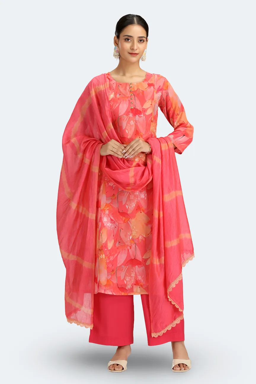 Peach Chinnon Floral Printed Straight Kurta Pant and Dupatta Suit Set - Barkha Boutique Kishangarh