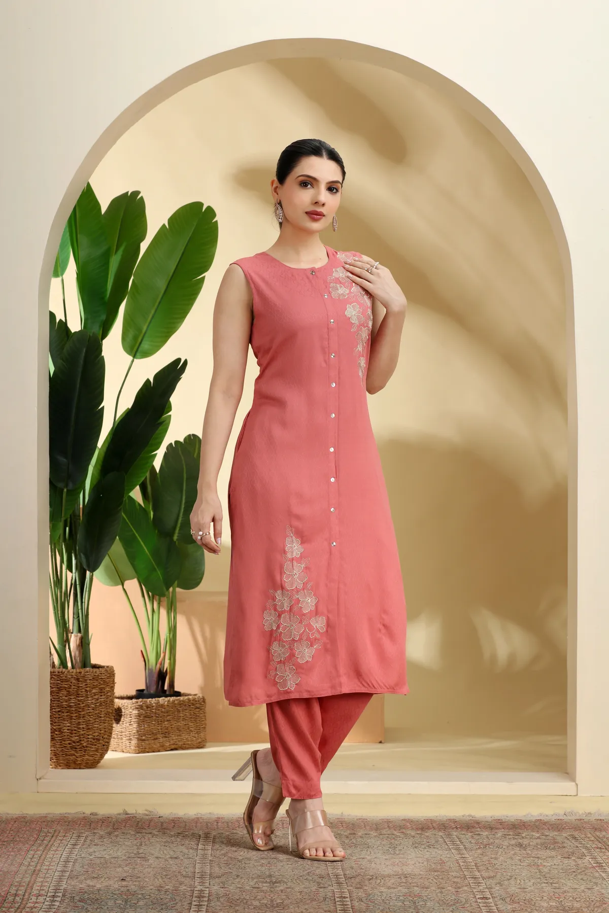 Peach Embroidered Straight Co ord Set - Barkha Boutique Kishangarh