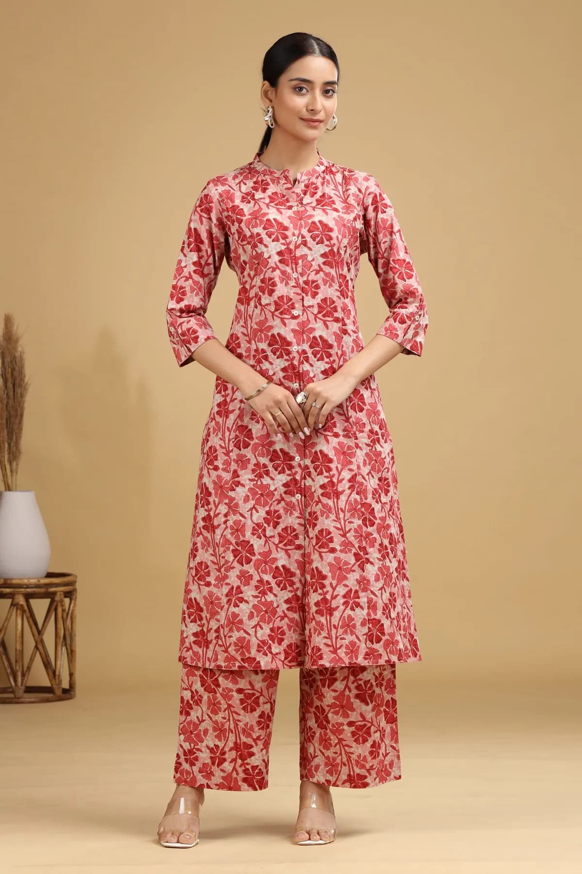 Peach Floral Printed Cotton Straight Co ord Set - Barkha Boutique Kishangarh
