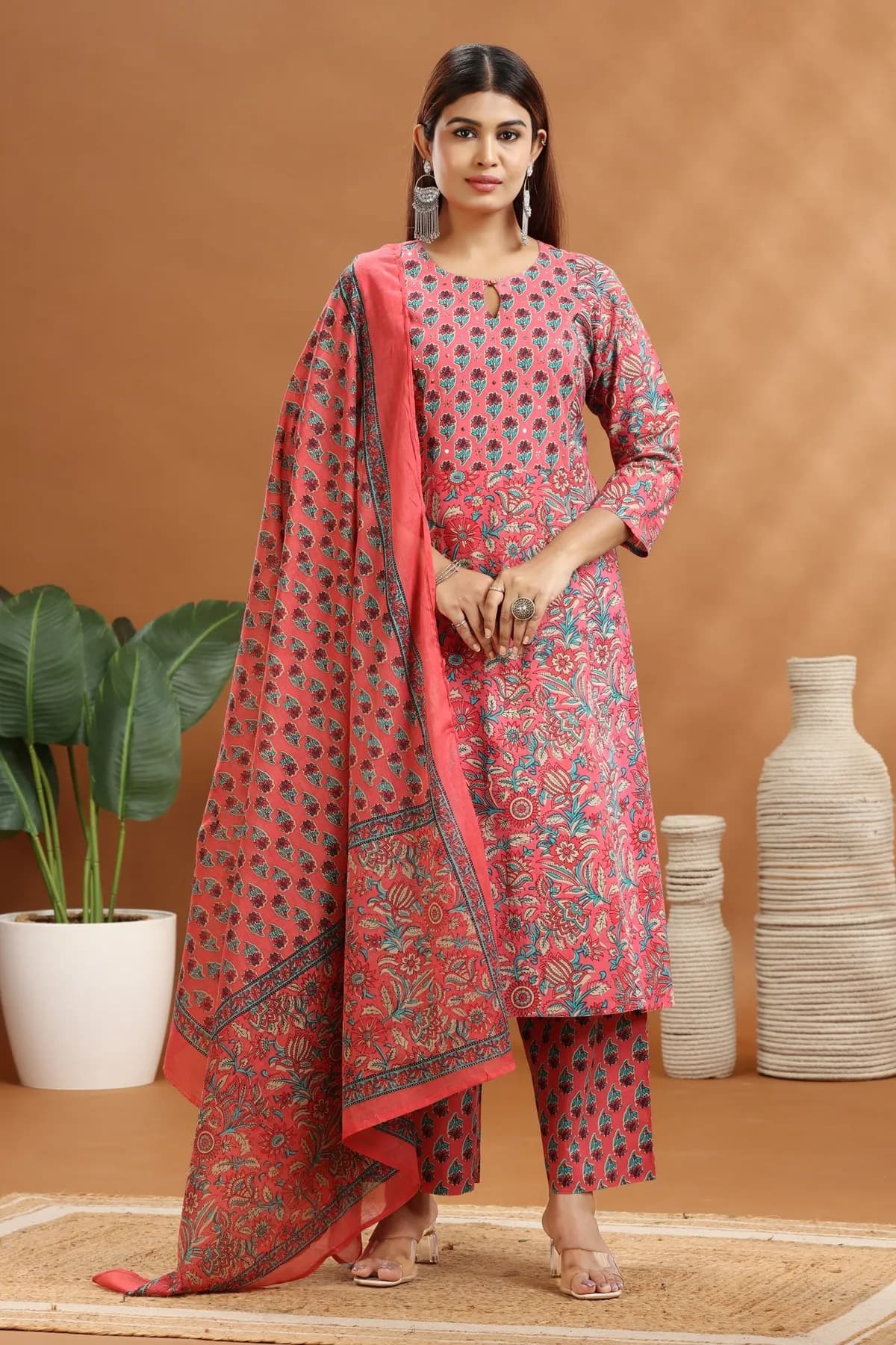 Peach Jaipuri Cotton Straight Printed Kurta Pants and Dupatta Set - Barkha Boutique Kishangarh